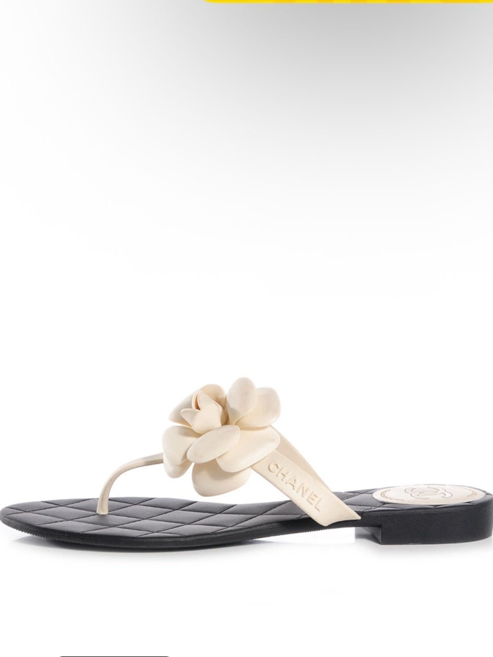 AUTHENTIC CHANEL WHITE CAMELLIA FLOWER BLACK QUILTED JELLY FLIP FLOP SANDALS 36